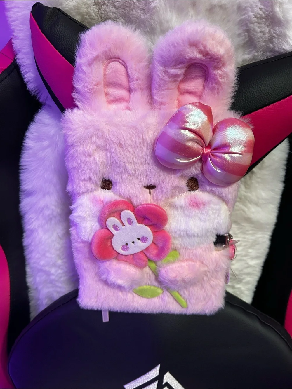 Pink Plush Bunny Kids Diary with Bow and Flower